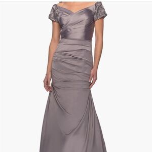 La Femme Elegant Gray Off-Shoulder Gown